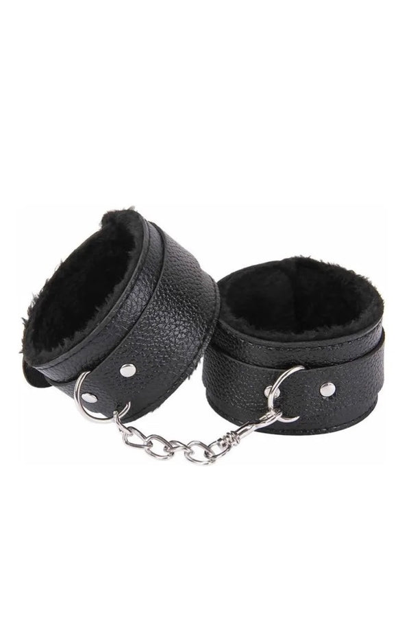 Esposas Bdsm Cuero Y Peluche Suave Negro Sado Bondage