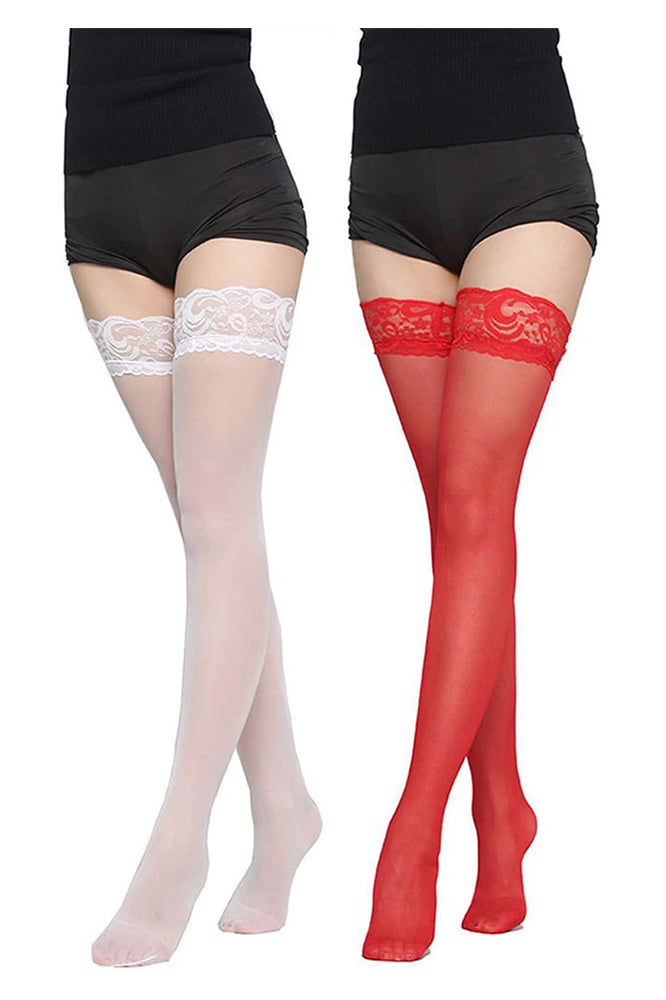 Medias Veladas con Liguero en Encaje Blanco y Rojo